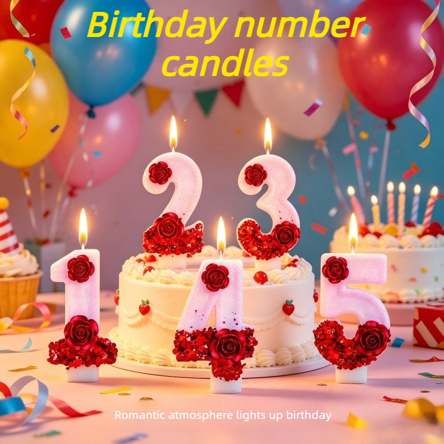 Holiday Candle Set - Number Pink Glitter Red Rose Flower